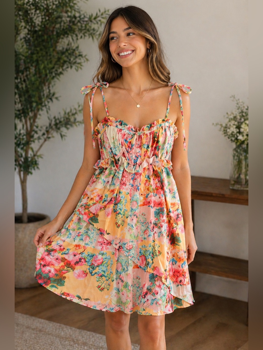Floral Tie-Shoulder Sundress in Peach, mini dress . Size Large - Picture 3 of 4